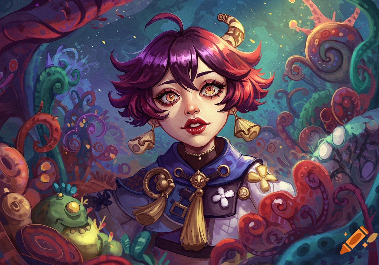 Vibrant fantasy portrait of a girl with purple hair, large golden eyes, ornate clothing, surrounded by whimsical plants.