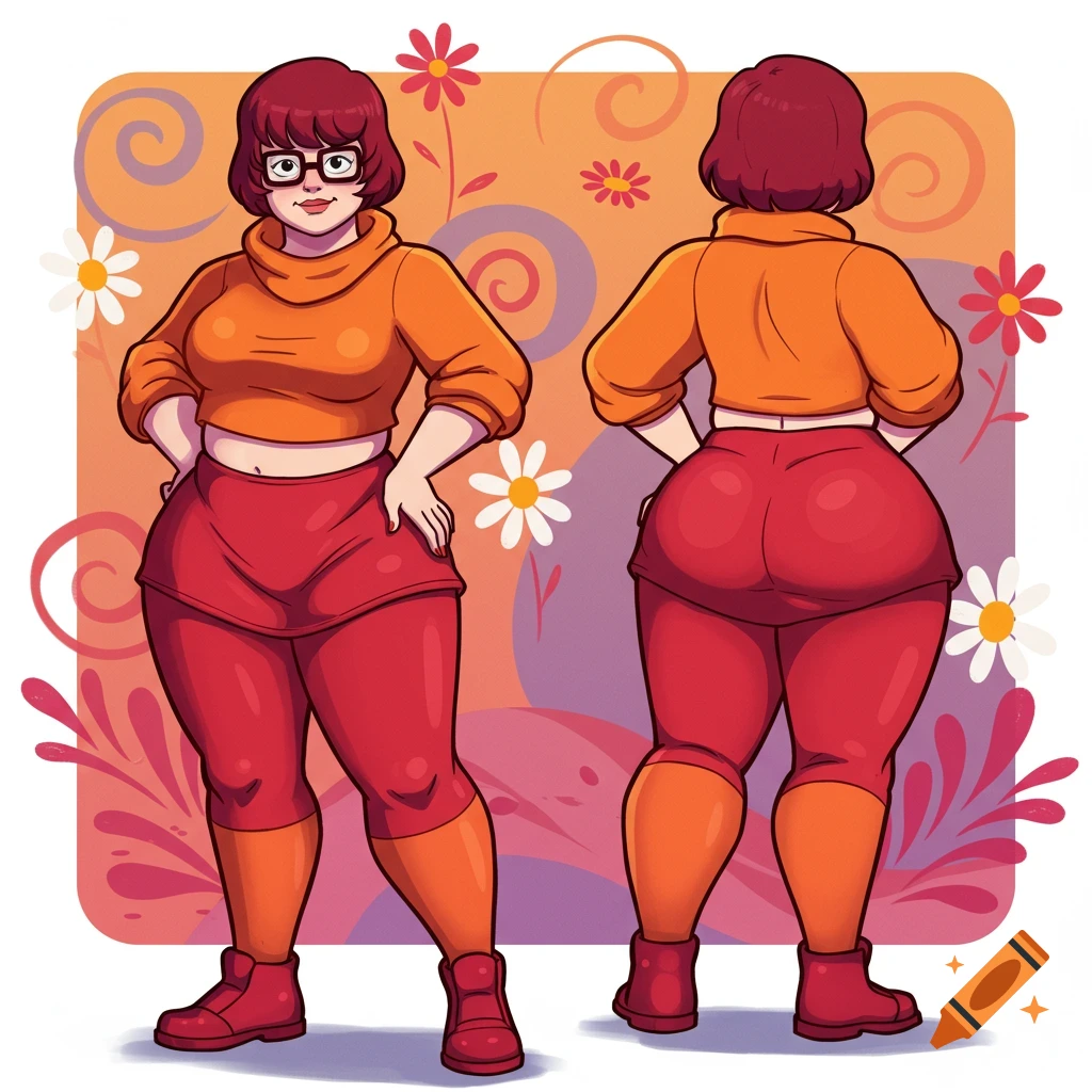 2D cartoon drawing of plus-size Velma from Scooby-Doo in an orange crop top and red leggings, shown front and back.