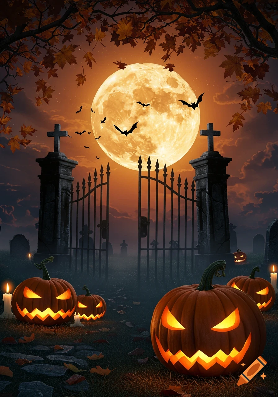 A spooky Halloween scene with glowing jack-o'-lanterns, a cemetery gate, gravestones, flying bats, and a large full moon under autumn leaves.