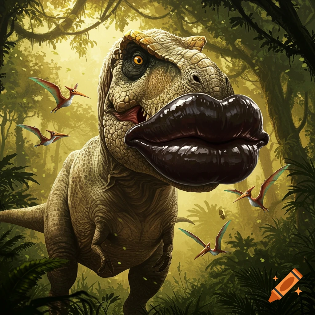 A cartoonish T-rex with huge glossy lips stands in a lush jungle with pterosaurs flying around.