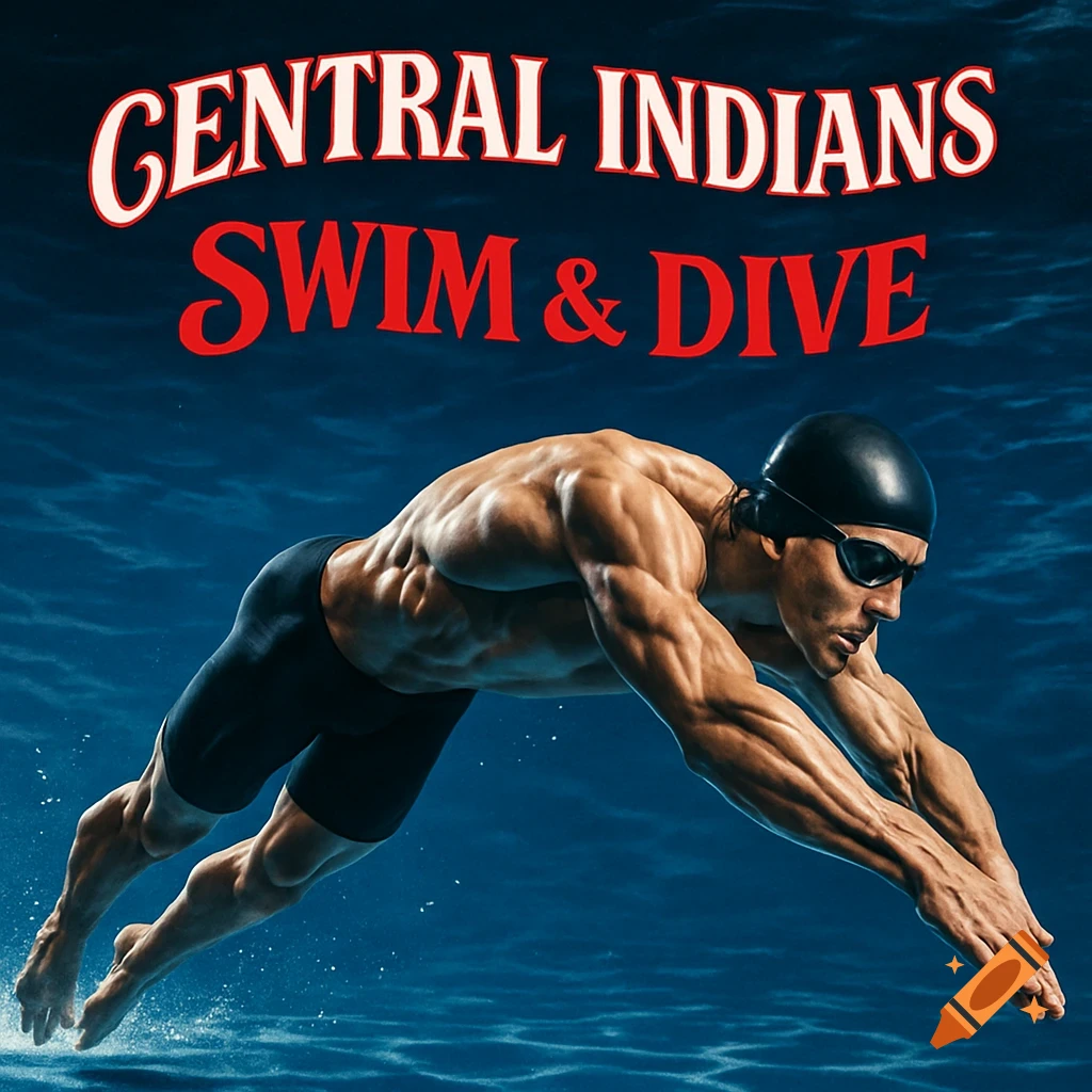 A muscular male swimmer diving underwater with 'CENTRAL INDIANS SWIM & DIVE' text above, photorealistic.
