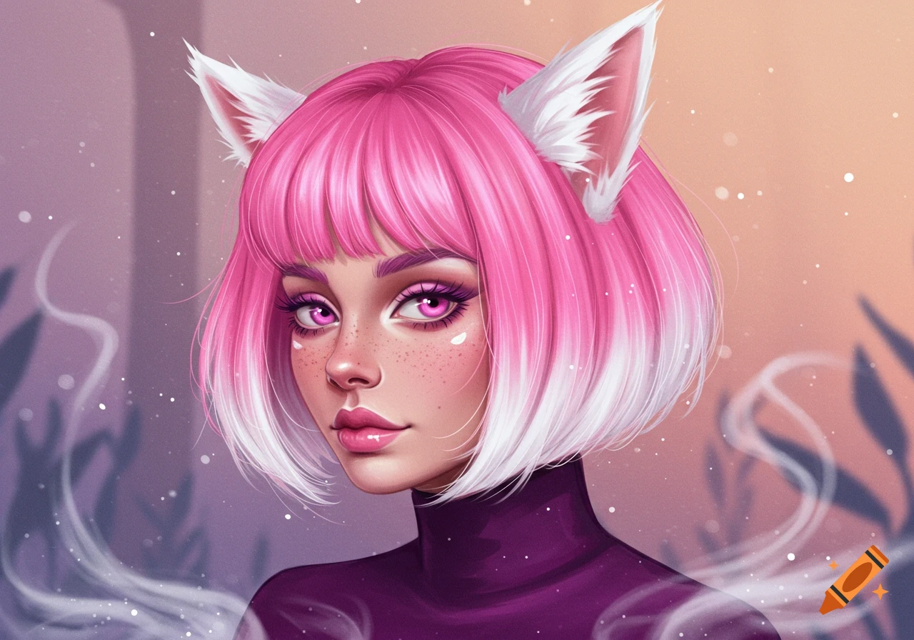 Digital art portrait of a woman with pink bob-cut hair and white furry cat ears, wearing a dark purple turtleneck.
