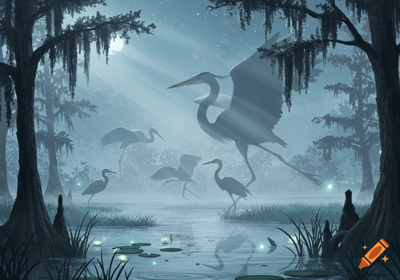 An ethereal illustration of a misty swamp at night with several herons, a full moon, and glowing lights on water lilies.