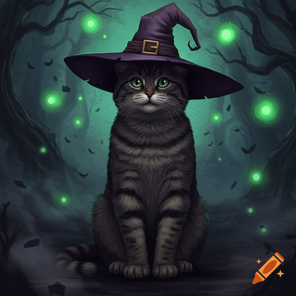 A grey tabby cat wearing a purple witch hat sits in a dark, spooky forest with glowing green orbs in an illustrative style.