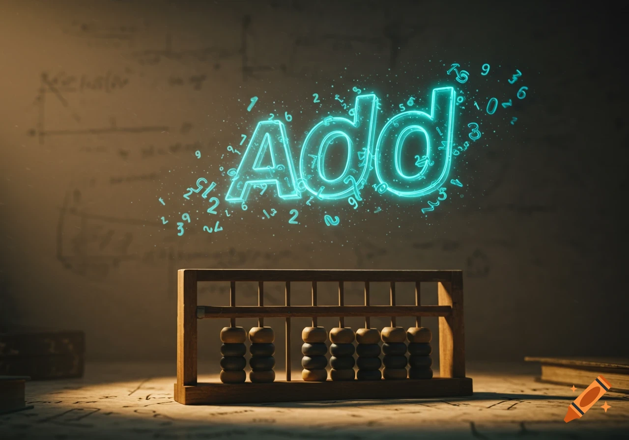 A glowing neon 'Add' sign with scattered numbers floats above a wooden abacus on a desk in a dimly lit room.