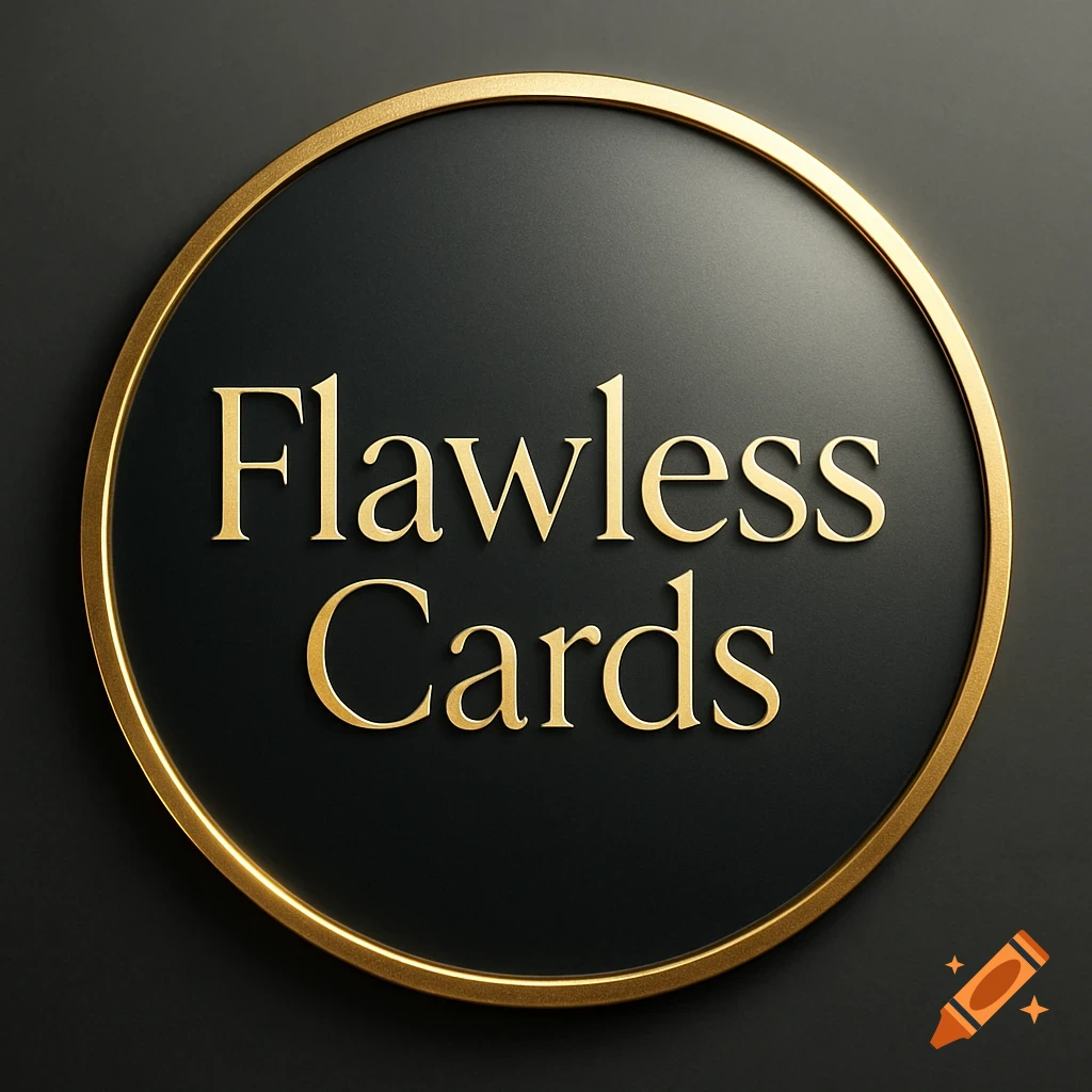 A sleek black circular logo with a golden border and the embossed gold text 'Flawless Cards'.