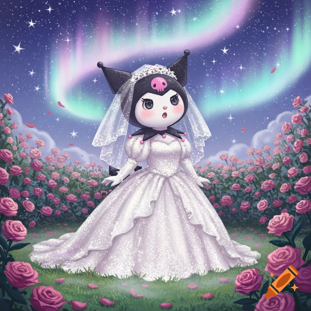 Cartoon Kuromi in a white wedding dress stands in a rose garden under a starry night sky with an aurora.