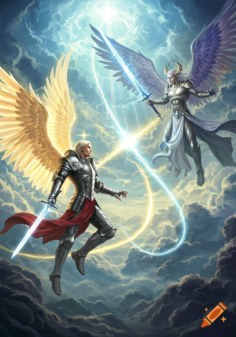 Two powerful angels with swords clash in a dynamic, cloudy sky amidst glowing energy, detailed illustration.