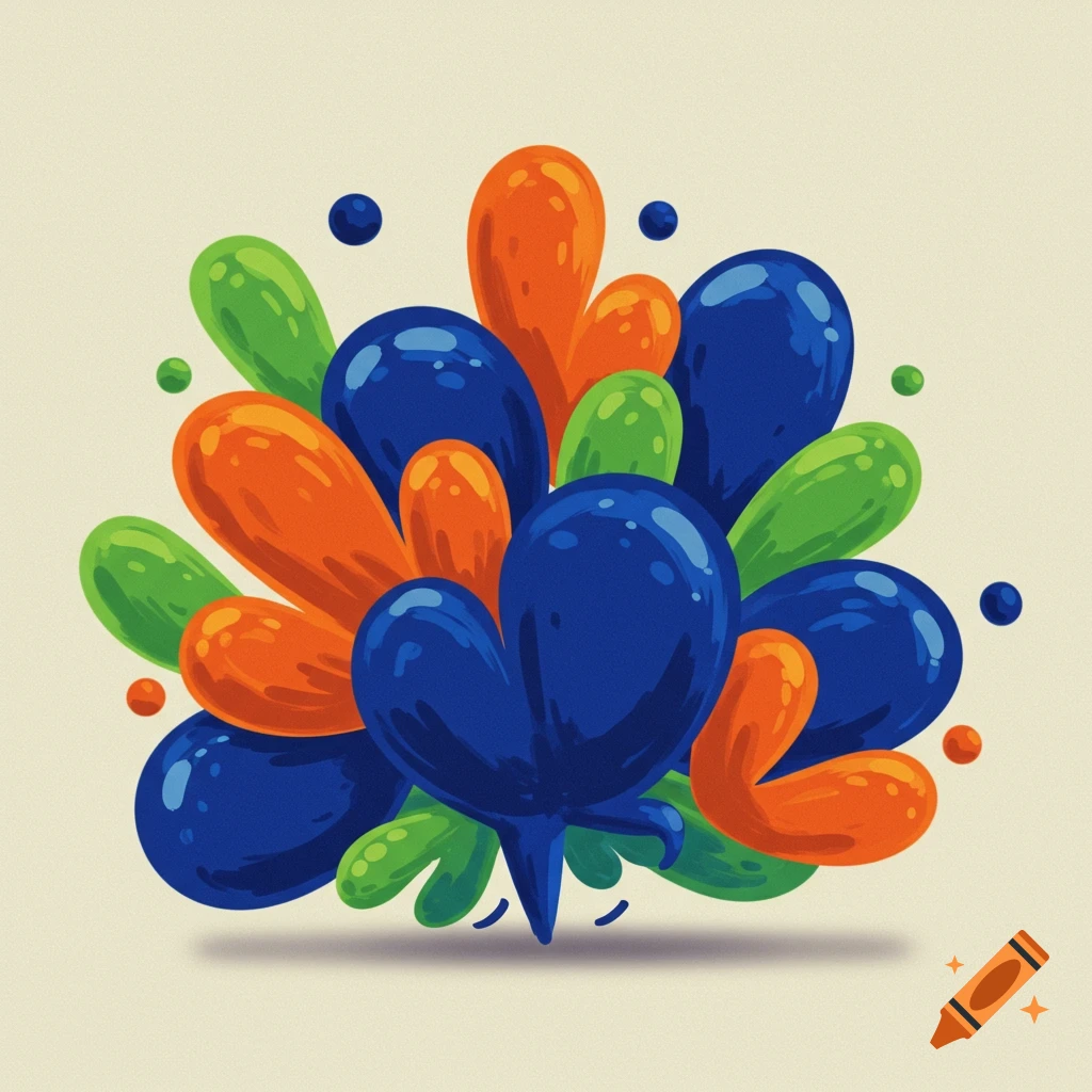 A vibrant abstract illustration featuring a cluster of glossy, blob-like shapes in blue, orange, and green on a light background.
