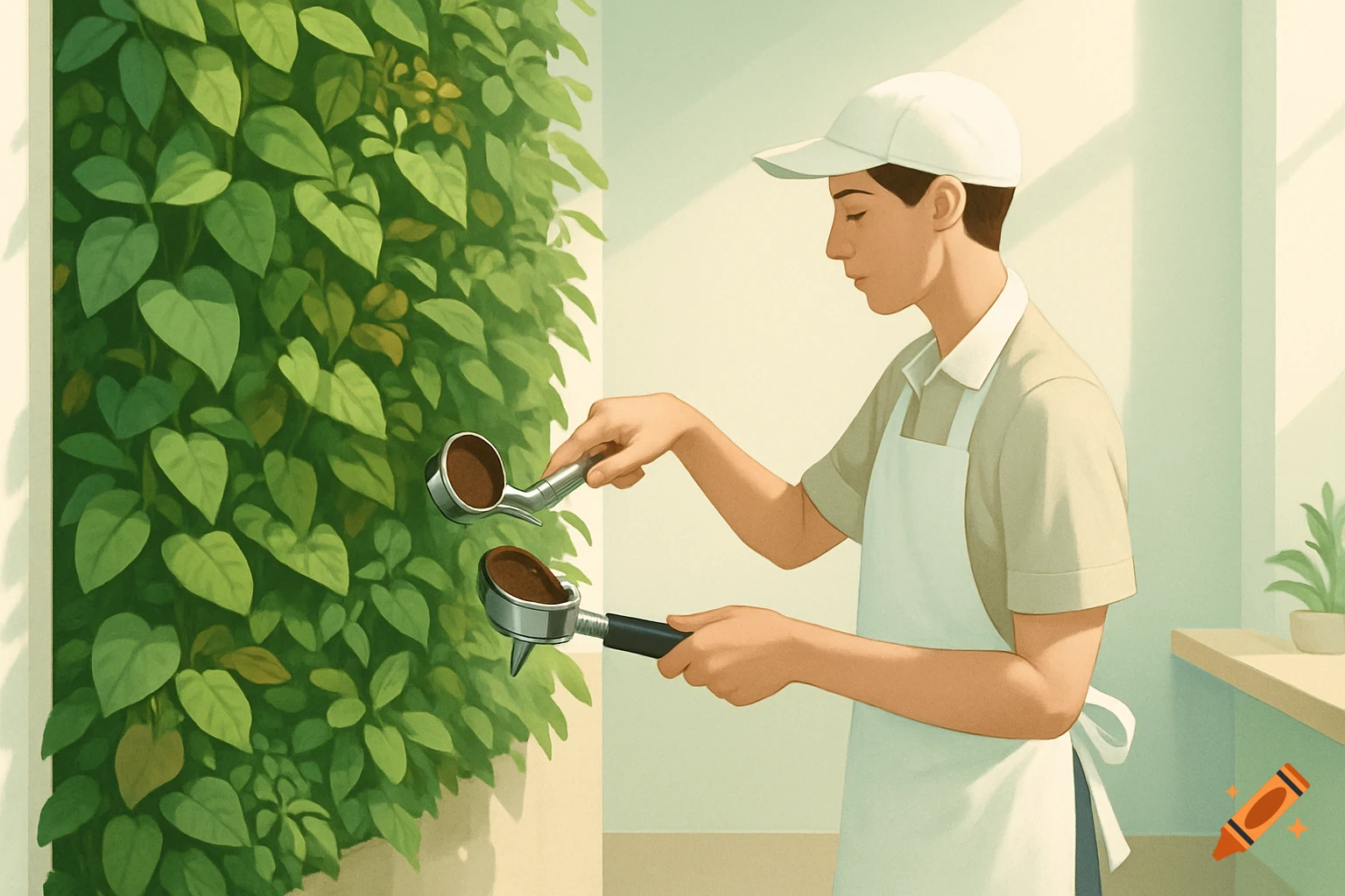 A barista in an apron fills coffee grounds into a vibrant green wall in a clean, minimalist cafe illustration.