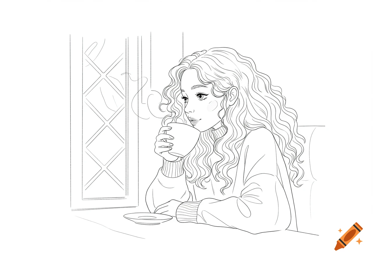 Line art drawing of a girl with long wavy hair, holding a coffee cup and looking out a window.