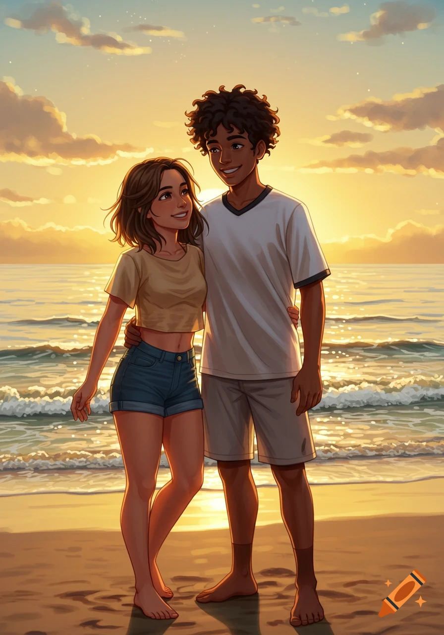 An anime-style illustration of a smiling couple on a beach at sunset, with the man's arm around the woman.