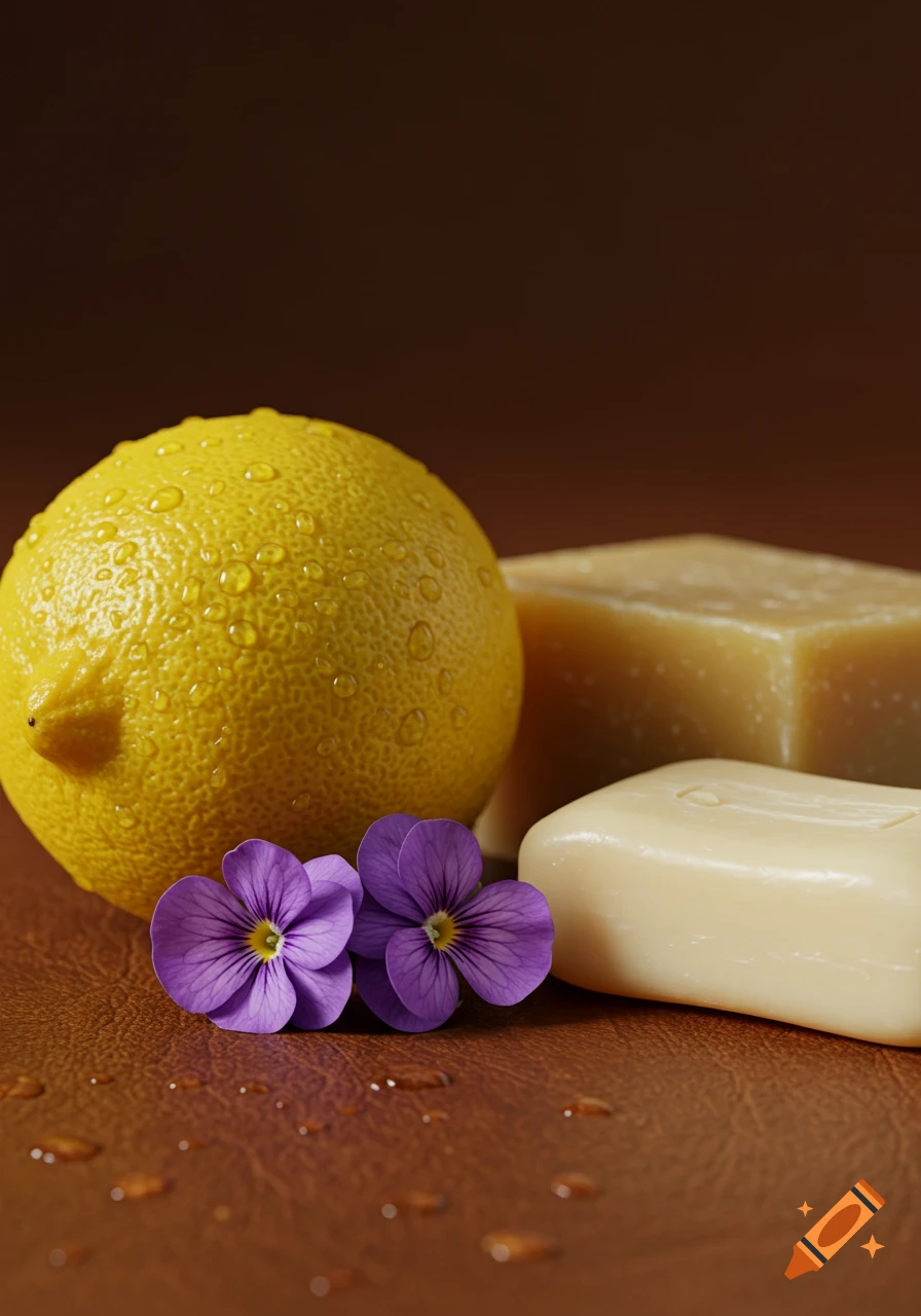 A wet lemon, two purple violet flowers, and two bars of soap on a brown leather surface, still life.