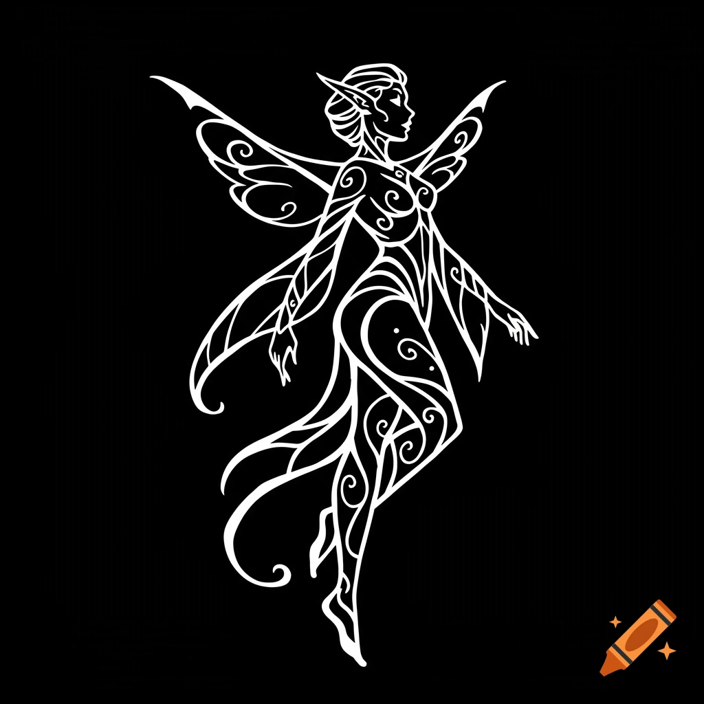 White line art silhouette of a stylized fairy with elaborate wings and flowing patterns on a black background.
