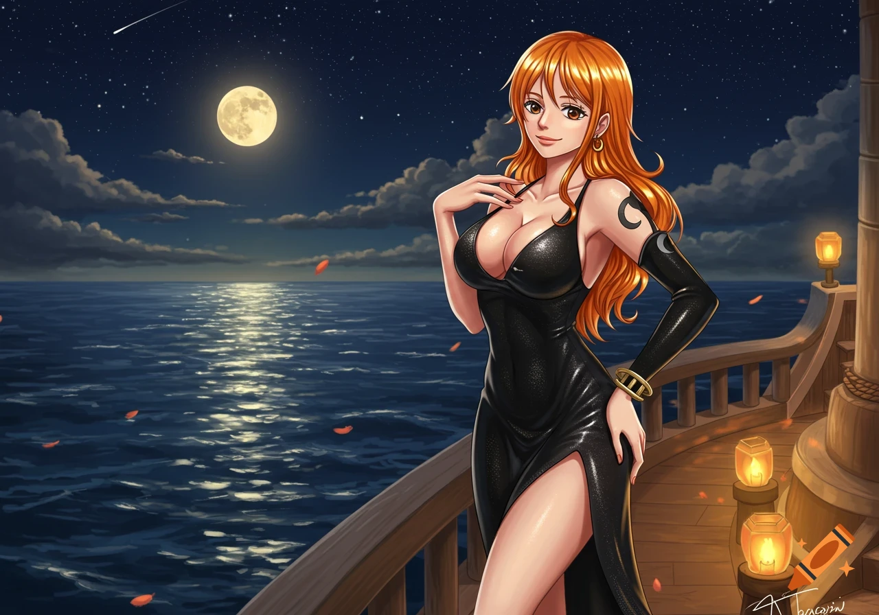 Anime art of Nami from One Piece in a black dress on a ship's deck at night, full moon over ocean.