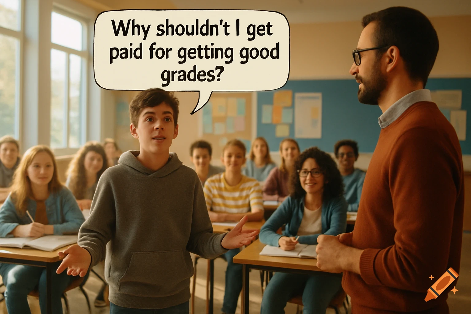 A student asks a teacher in a classroom why they shouldn't get paid for good grades, with other students in the background.