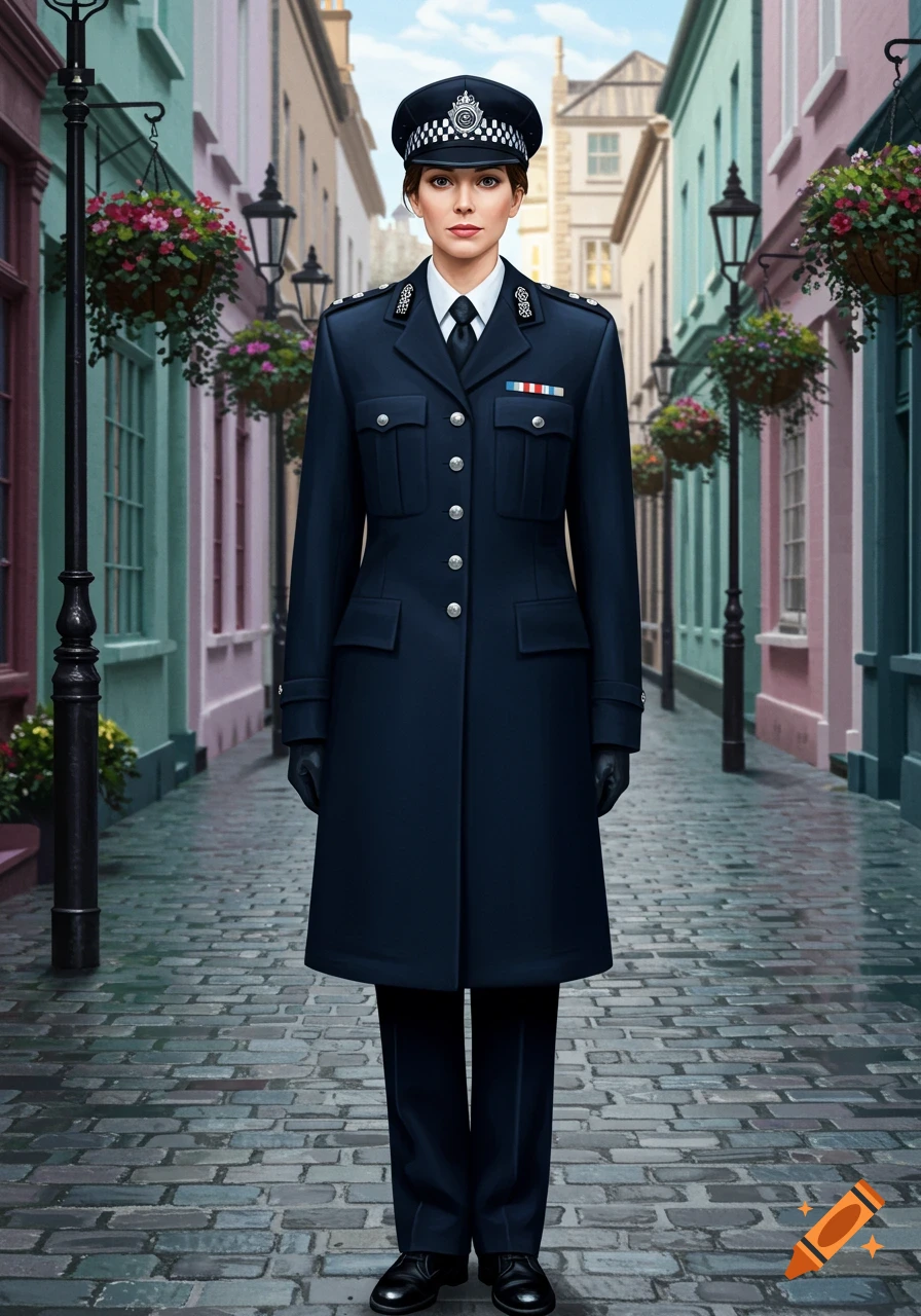 A tall, slim woman in a dark blue UK police uniform stands on a cobblestone street lined with colorful pastel buildings. Photorealistic style.