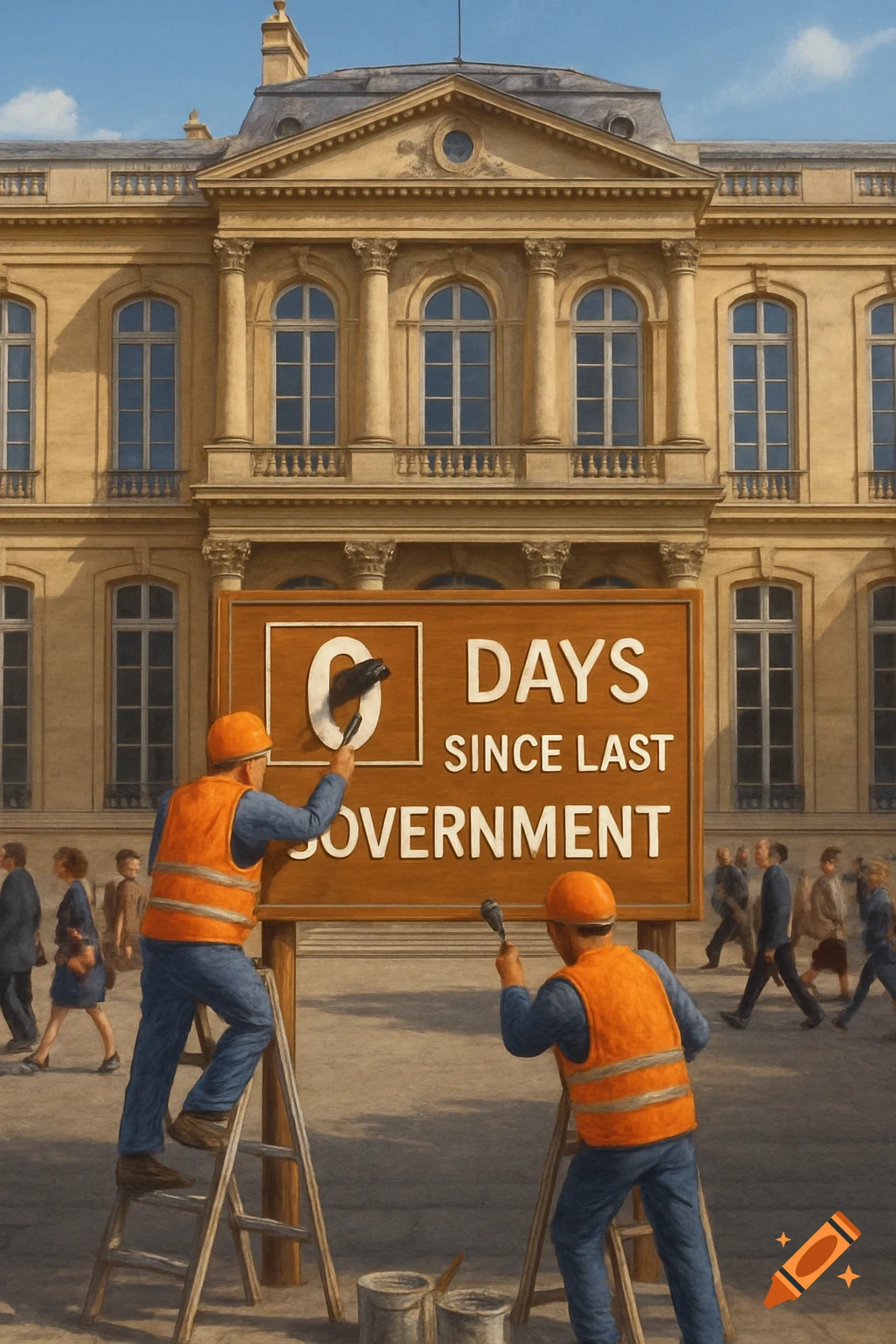 Two workers on ladders change a large sign to read '0 DAYS SINCE LAST GOVERNMENT' in front of a classical building.