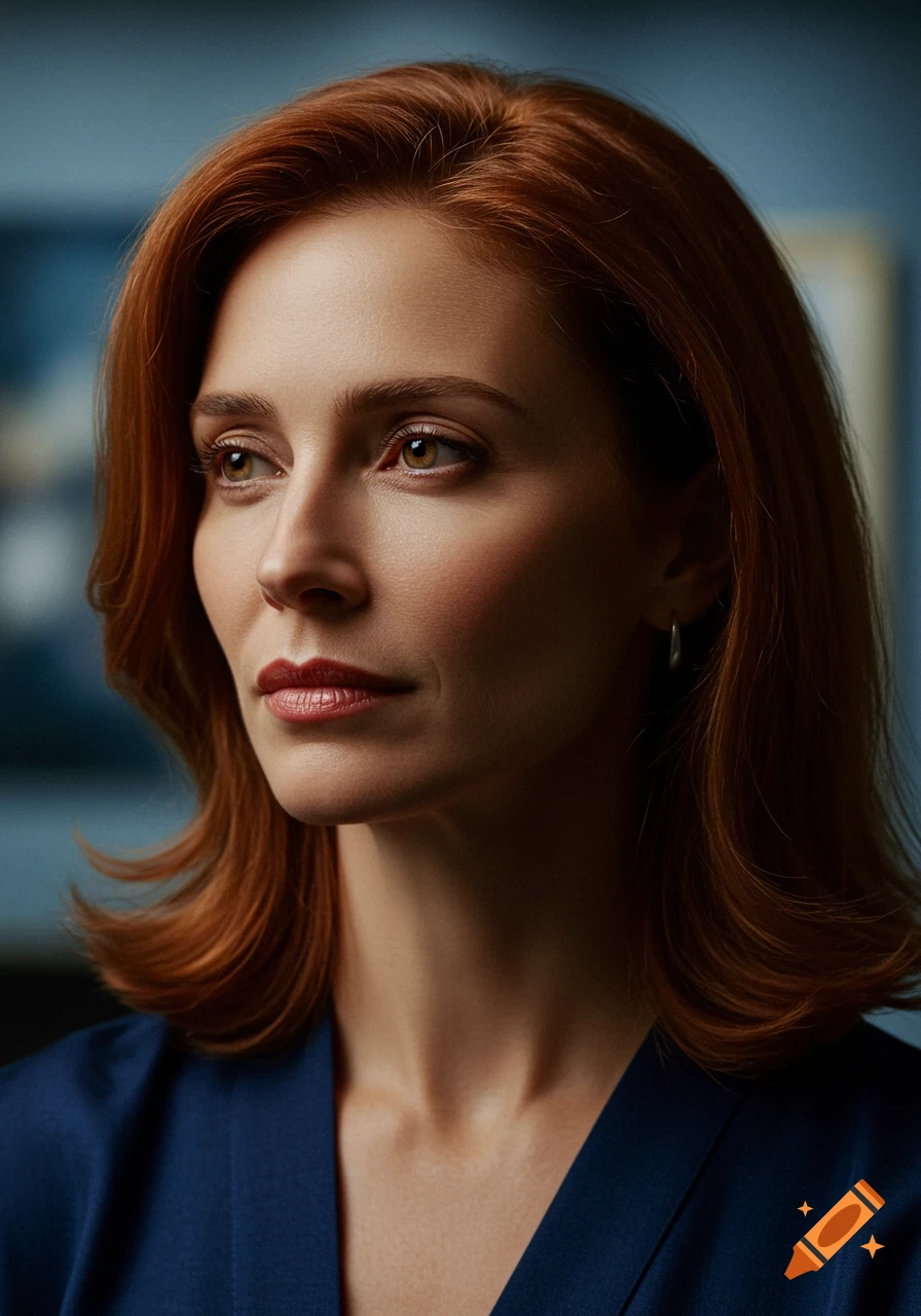 Photorealistic close-up portrait of a red-haired woman in a blue top, looking thoughtfully to the left.