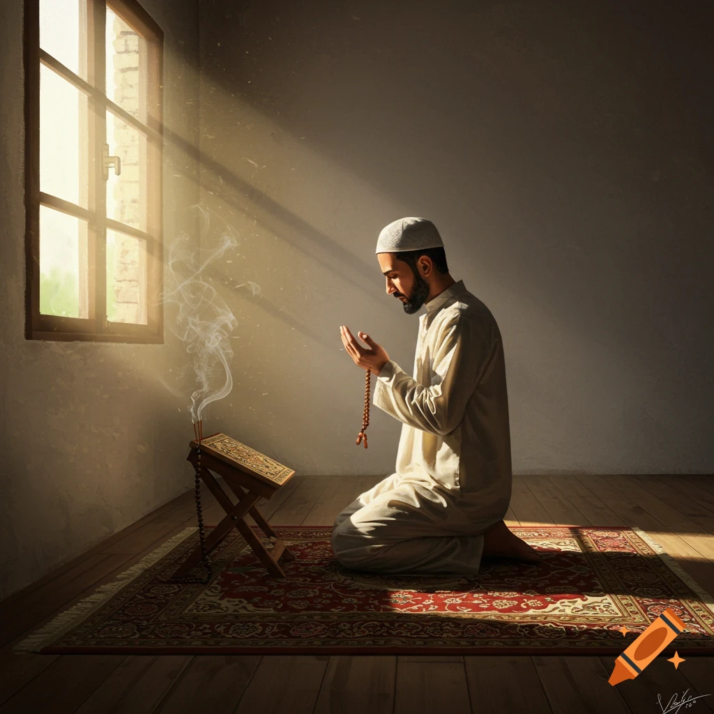 A man in traditional attire kneels on a prayer rug, holding prayer beads, with a holy book on a stand nearby, bathed in sunlight from a window.