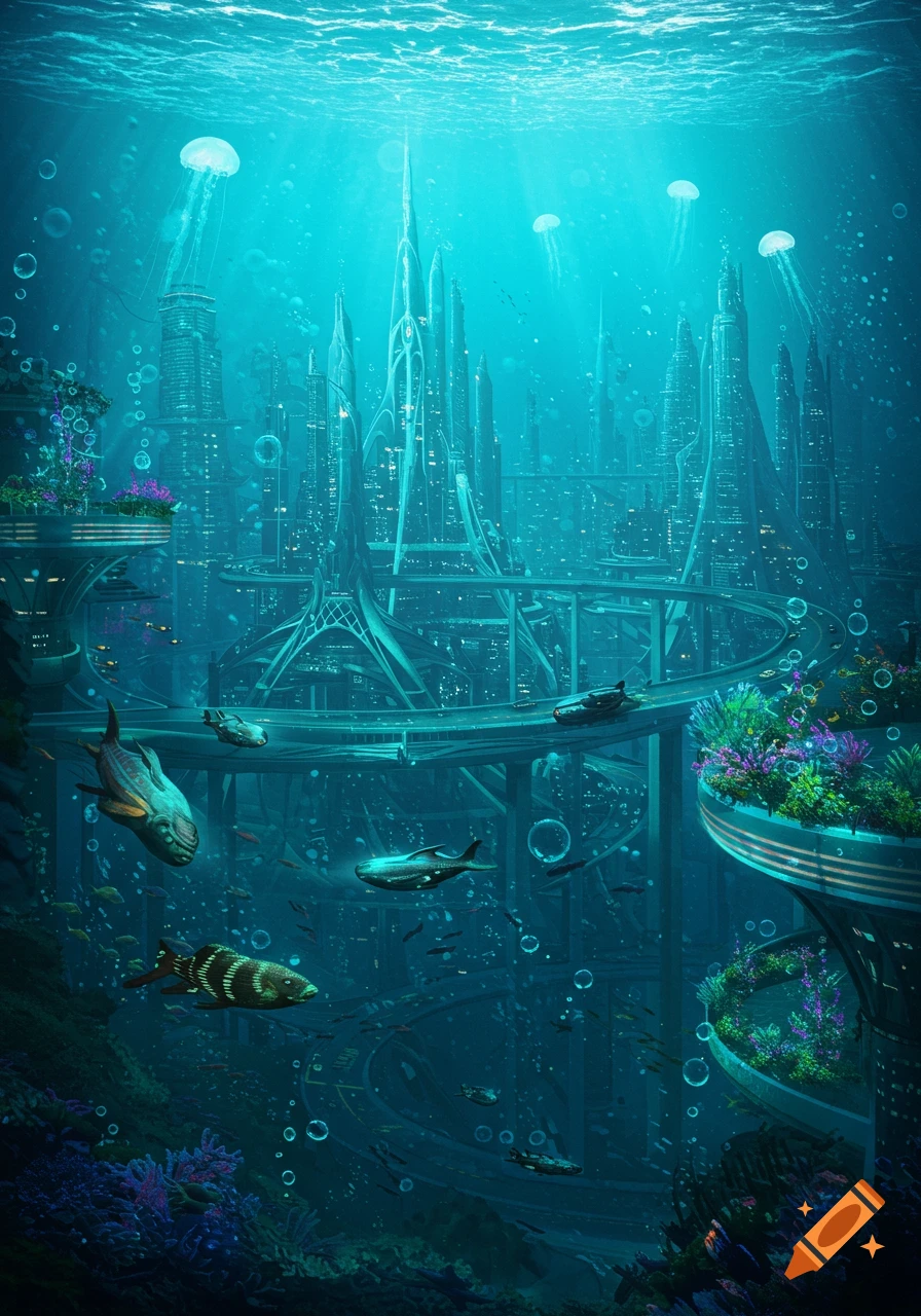 Detailed illustration of a vibrant futuristic underwater city with towering buildings, vehicles, jellyfish, and coral reefs.