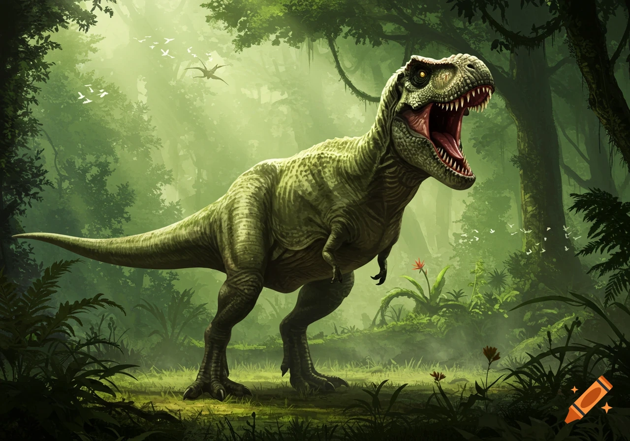 A green T-rex roars in a misty jungle landscape with lush foliage and distant pterodactyls flying in the sky.
