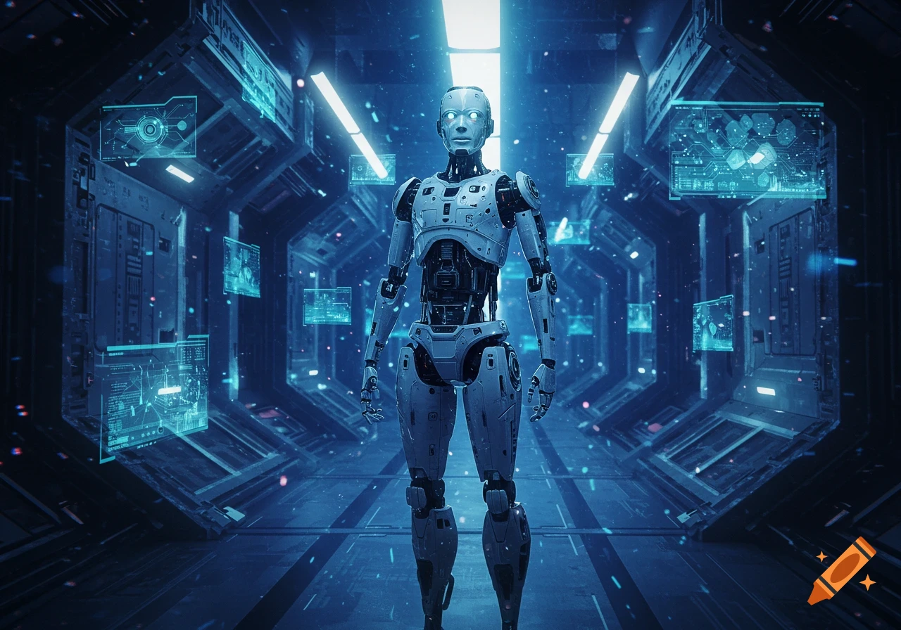 A humanoid robot stands centered in a blue-lit, high-tech corridor with holographic displays in a photorealistic style.