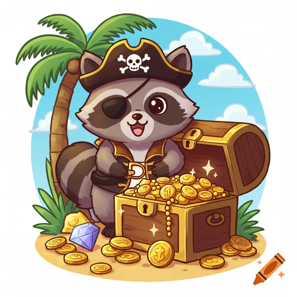 A cute cartoon pirate raccoon with an eye patch and hat stands next to a treasure chest overflowing with gold coins and gems on a sandy beach.
