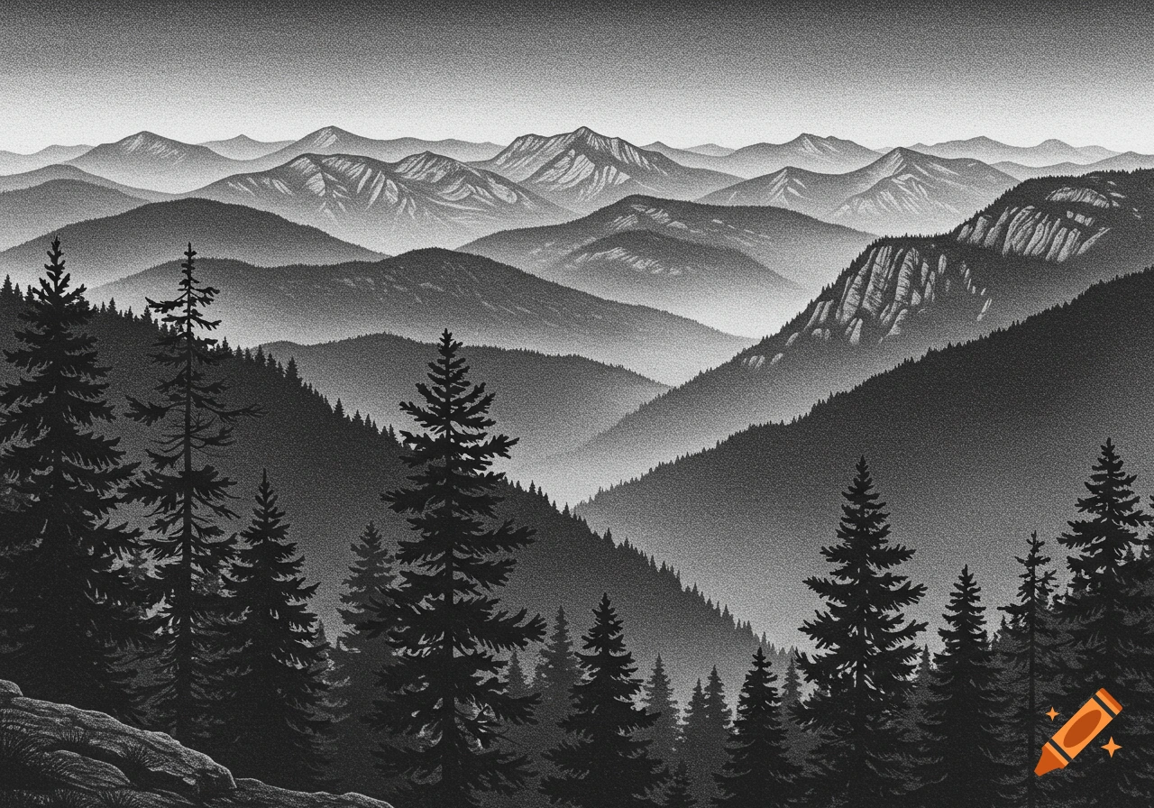 Black and gray fine line artwork of mountain foothills and a dense forest, with mist rising between the peaks.