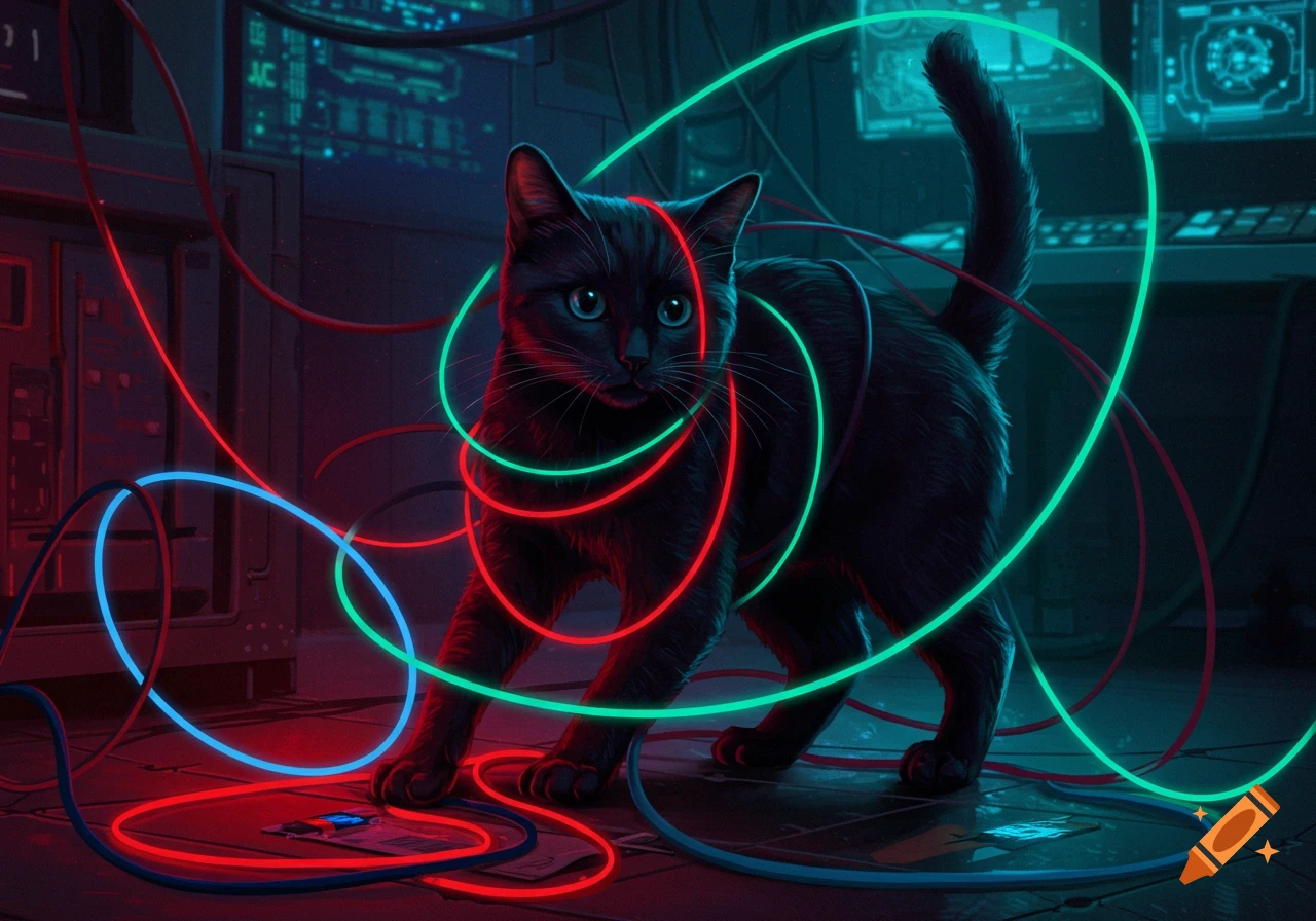 A black cat with blue eyes stands amidst glowing neon red, green, and blue cables in a dark, cyberpunk server room.
