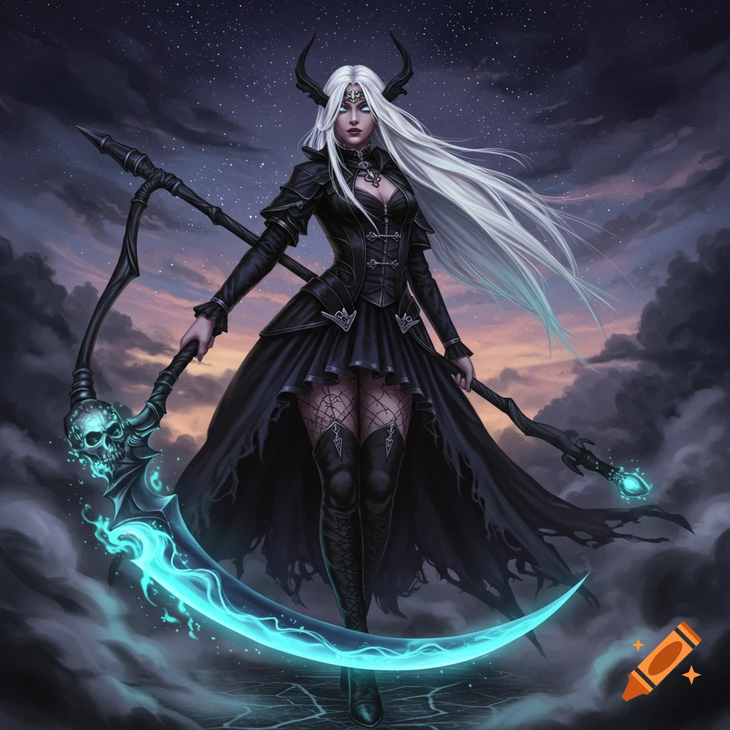 A white-haired demoness with horns and glowing blue eyes, wearing a dark gothic dress, holds a glowing skull scythe and staff under a starry sky.