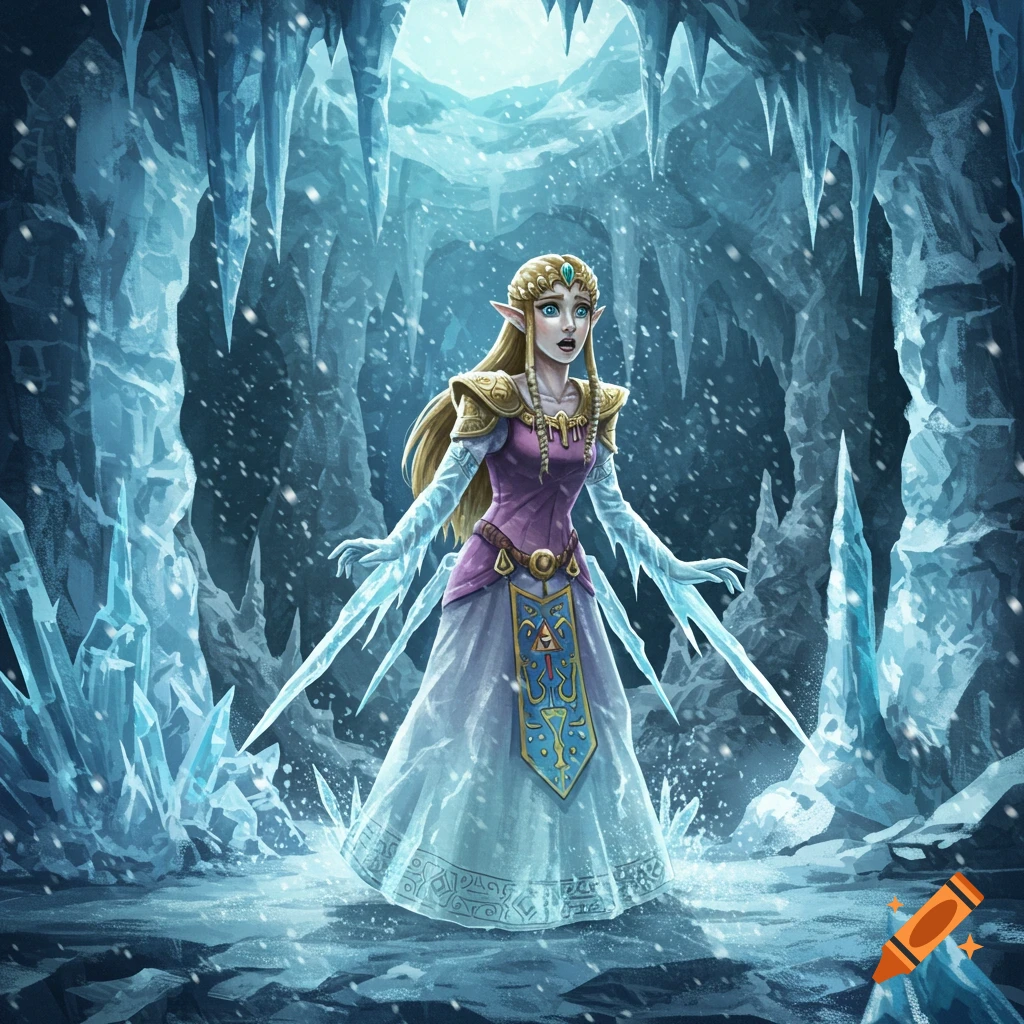 A scared Princess Zelda in a purple dress, encased in ice, stands in a frozen cave with icicles hanging from the ceiling.