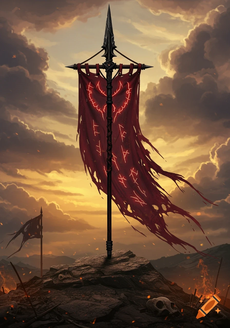 A tattered red fantasy banner with glowing runes on a black spear, planted on a rocky hill with skulls and fires under a dramatic sunset sky.
