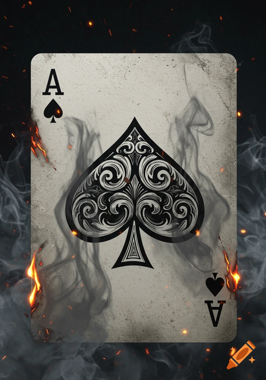An aged ace of spades playing card with a decorative spade symbol, engulfed in smoke and flames against a dark background.