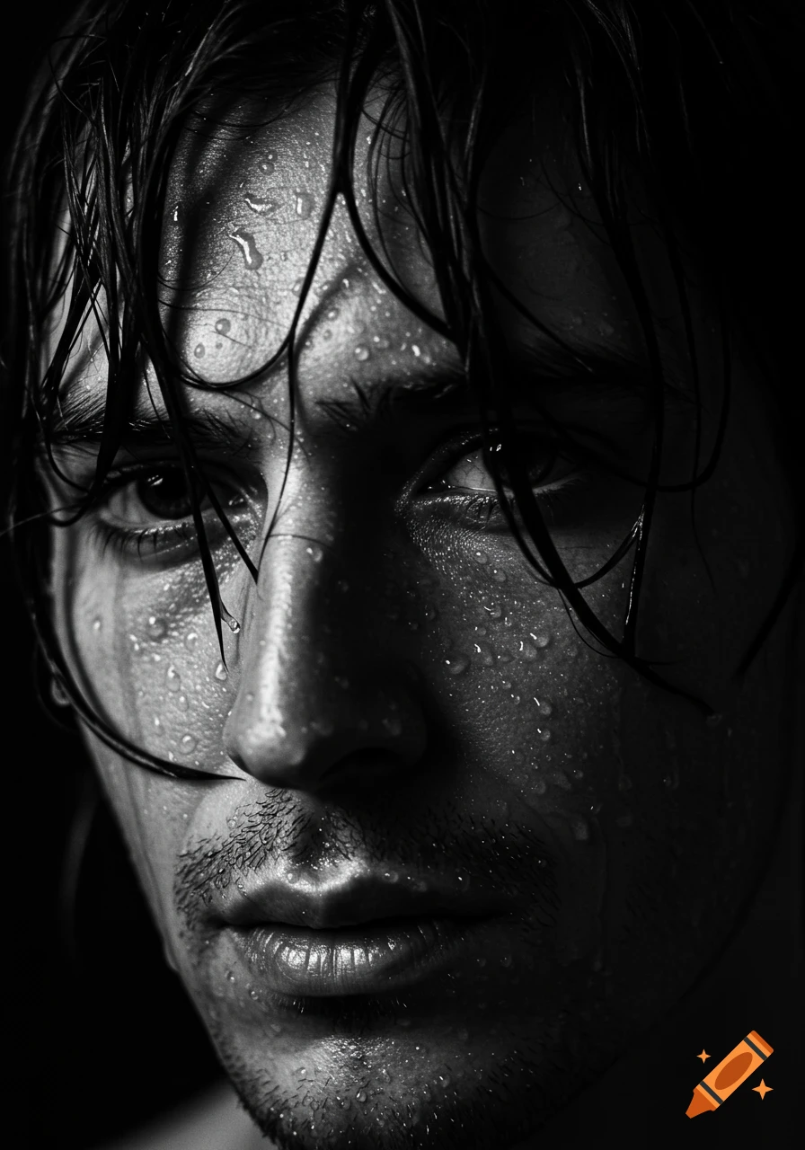 A black and white close-up portrait of a person with wet hair and dramatic lighting, water droplets visible on their skin.