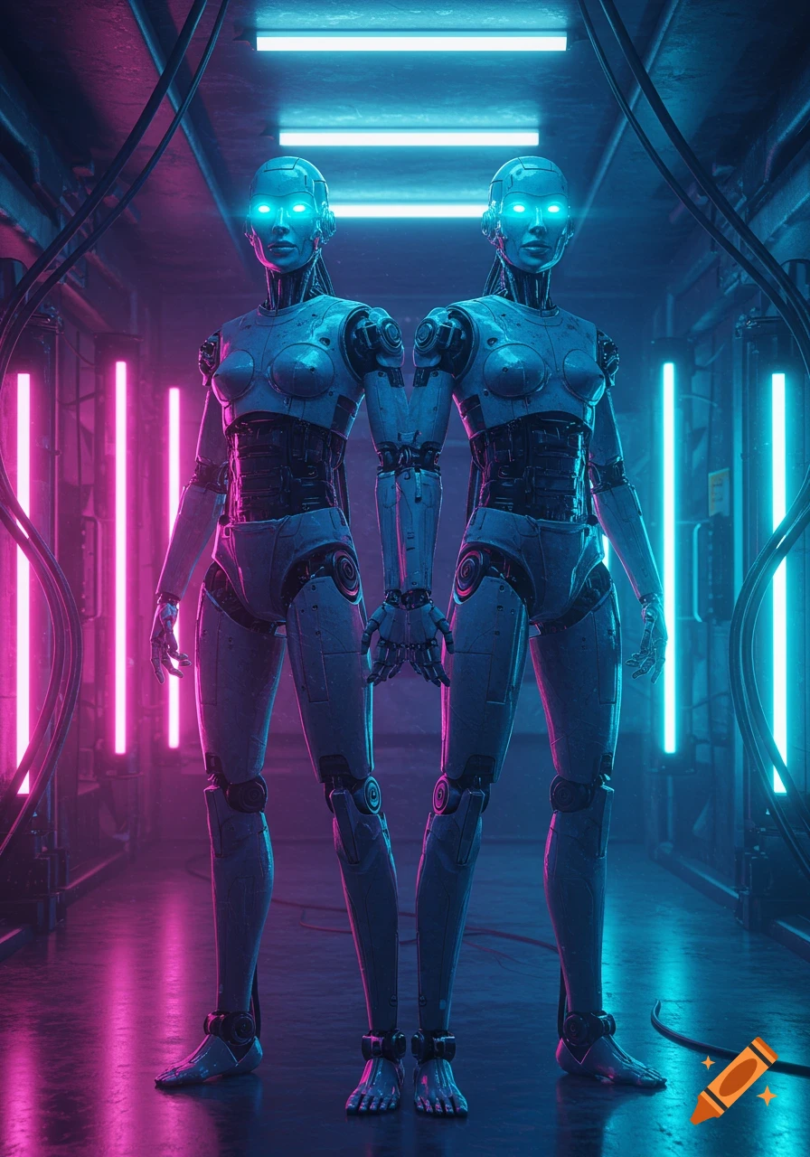 Two metallic female-form robots with glowing blue eyes stand in a dark, neon pink and blue lit futuristic corridor.