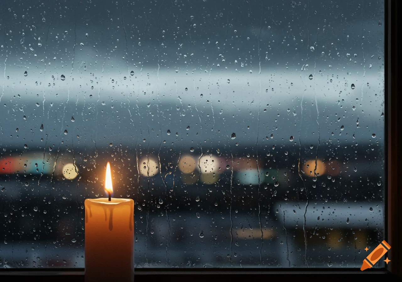 A lit candle on a window sill with raindrops on the glass, blurred city lights in the dark background, photorealistic style.