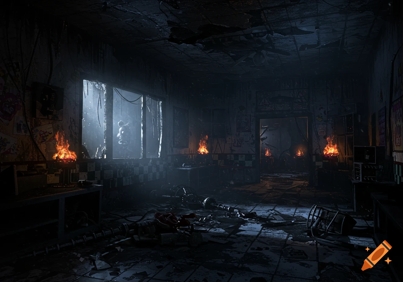 A dark, dilapidated room with debris on the floor and fires burning. A shadowy animatronic figure is visible through a broken window.
