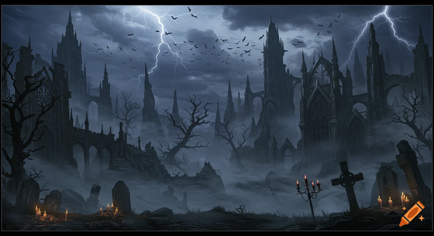 A dark gothic landscape with towering castles, a foggy graveyard, bare trees, bats flying, and lightning striking a stormy sky.