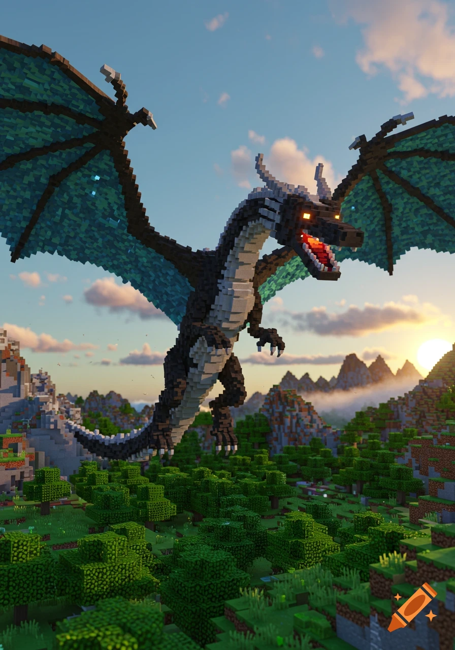 A black and white blocky Minecraft dragon with teal wings flies over a green voxel landscape with mountains under a sunset sky.