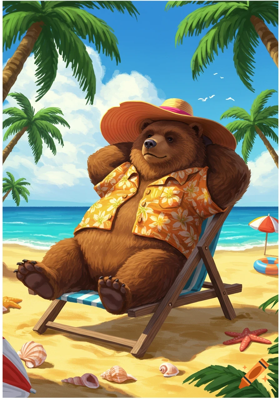 A cartoon brown bear in a straw hat and Hawaiian shirt relaxes on a beach chair with palm trees and ocean in the background.