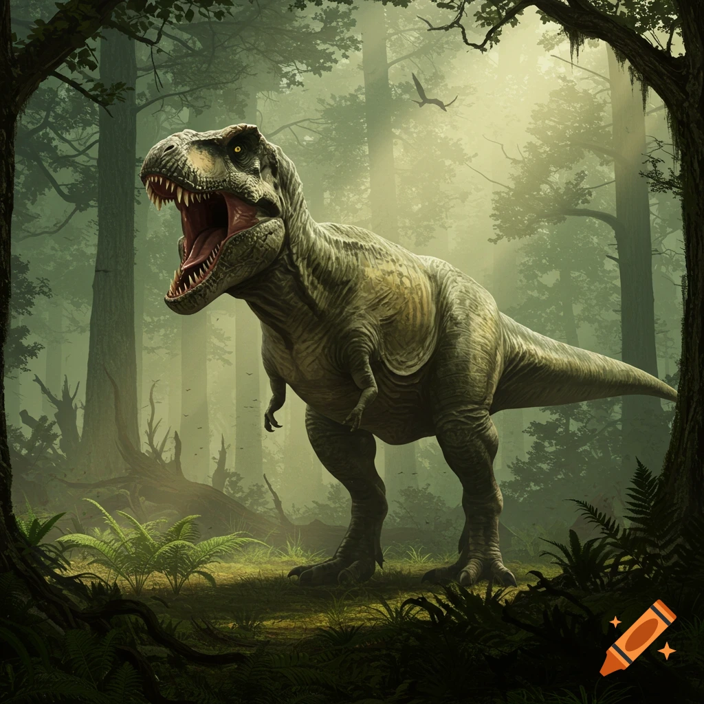 A mighty Tyrannosaurus Rex roars in a dense, misty forest with light filtering through the canopy.