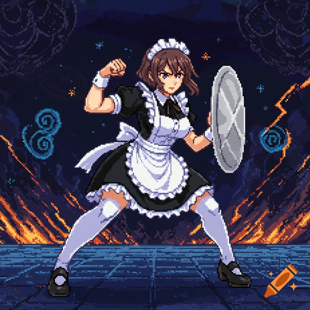 Pixel art of an anime maid in a fighting stance, holding a shield against a dark, fiery background.