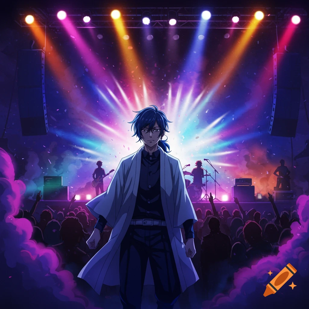 A blue-haired anime man in a white robe on stage at a vibrant concert with a crowd.
