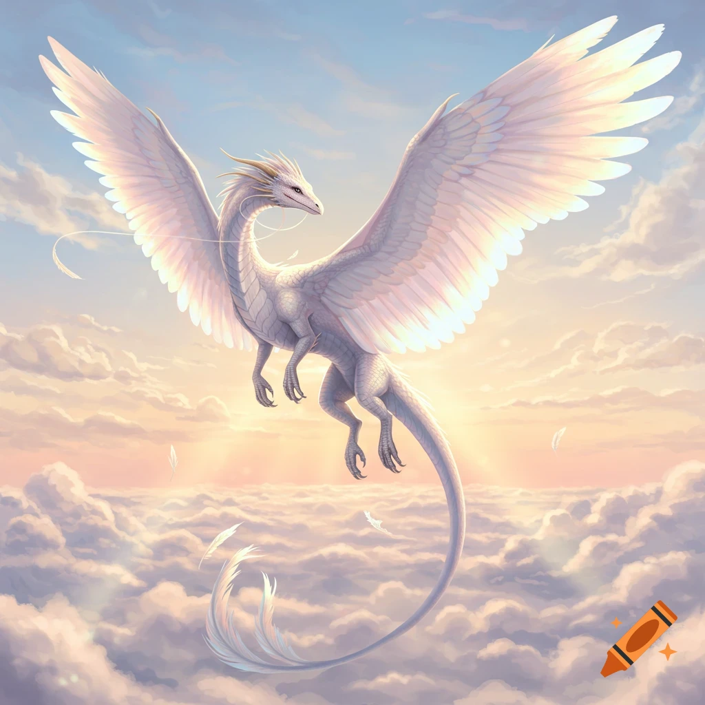 A white iridescent feathered dragon flies majestically through a bright, sunlit, cloudy sky, in a digital painting style.