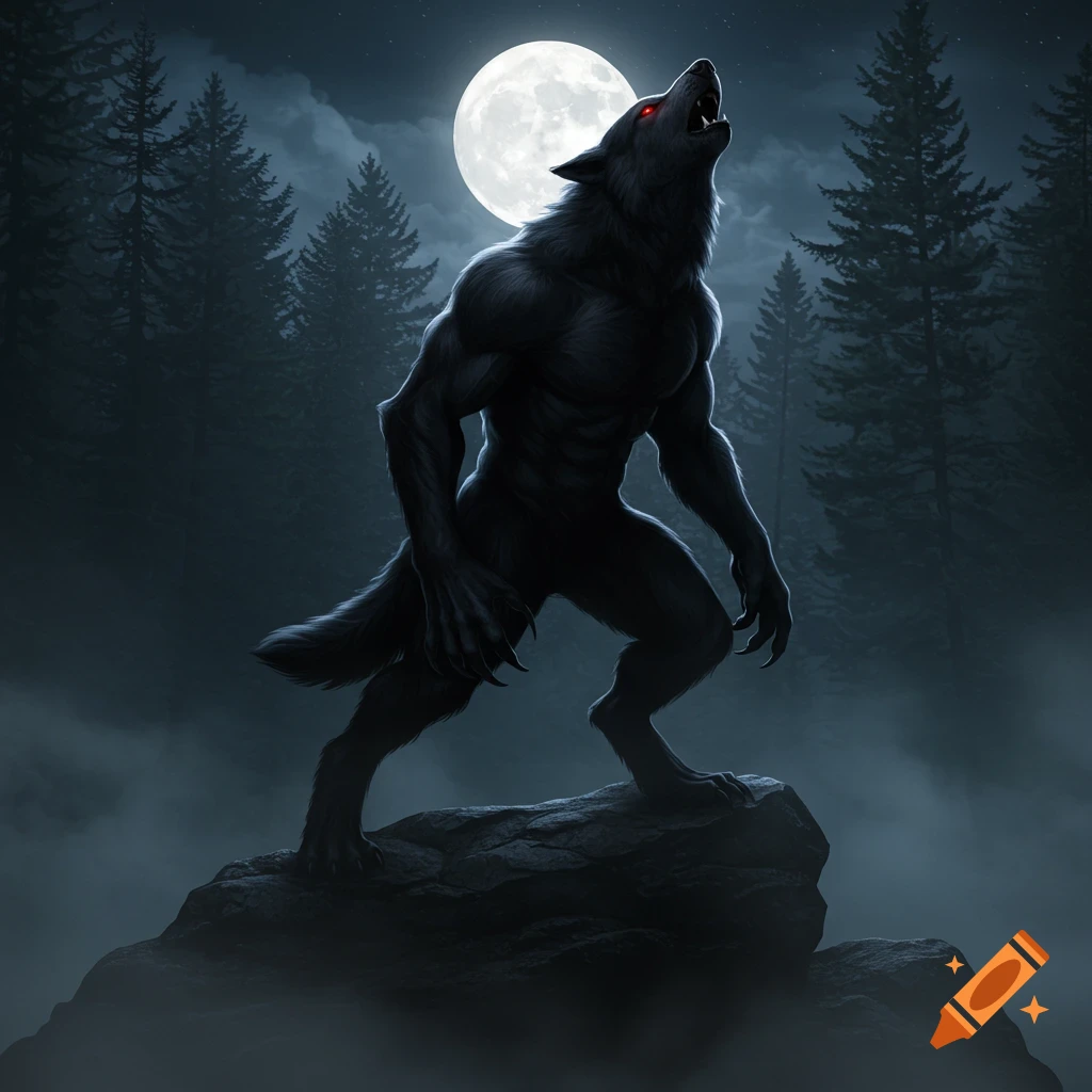 A muscular black werewolf with glowing red eyes howls at a large full moon, standing on a rock in a foggy forest at night.