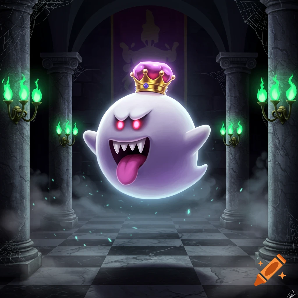 King Boo, a white ghost with a gold and purple crown, red eyes, and a long pink tongue, floats menacingly in a dark, cobwebbed castle hallway with green flaming sconces.