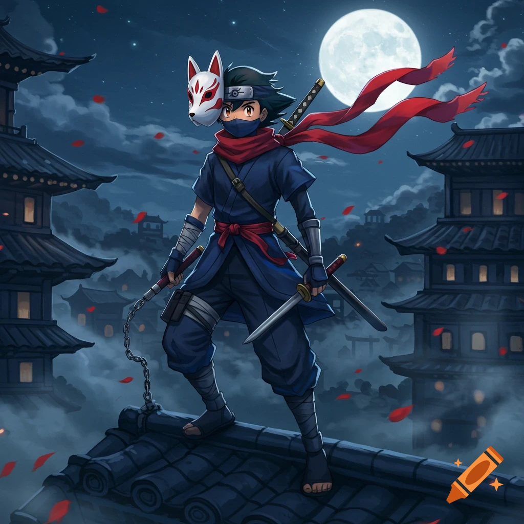 An anime ninja with a fox mask and red scarf stands on a Japanese rooftop at night, holding a katana and nunchaku under a full moon.