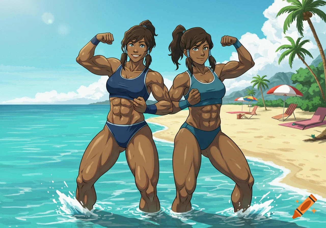 Two muscular cartoon women in swimsuits flex their biceps on a sunny tropical beach, standing in shallow turquoise water.