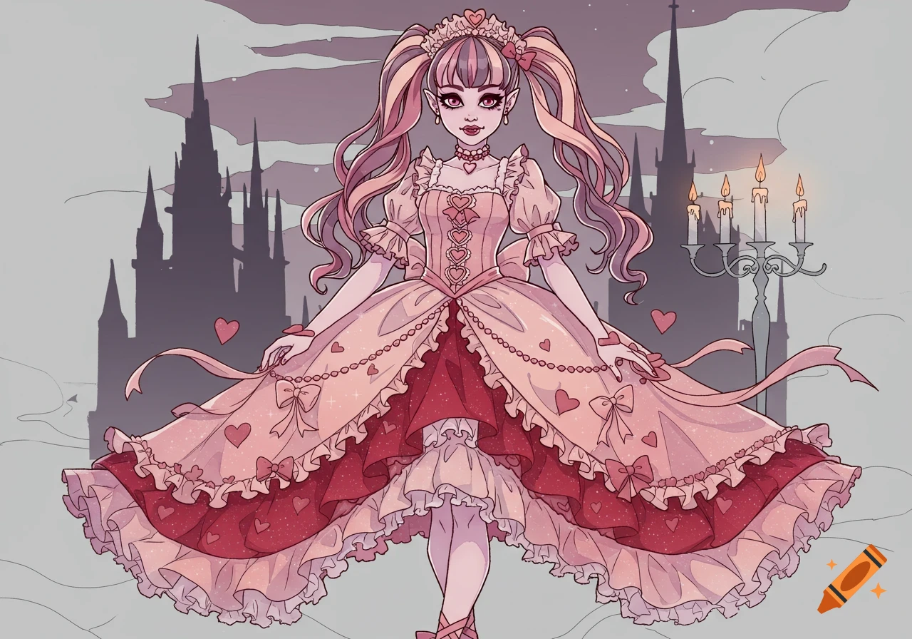 A cartoon girl with pink and purple hair in pigtails wears a frilly pink and red lovecore dress in front of a dark castle.